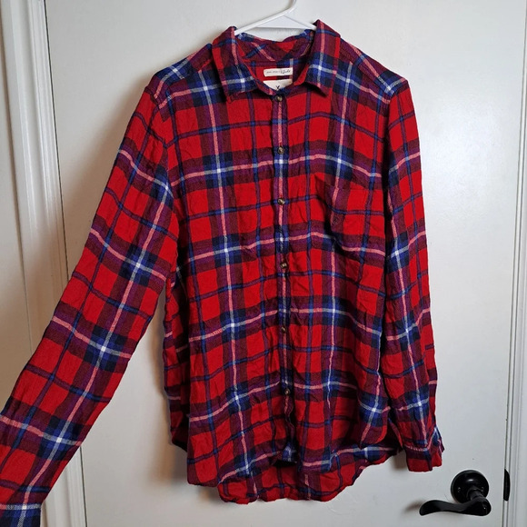 American Eagle Soft Plaid Red Blue Boyfriend Fit Button Up Shirt Size Large - Picture 1 of 7